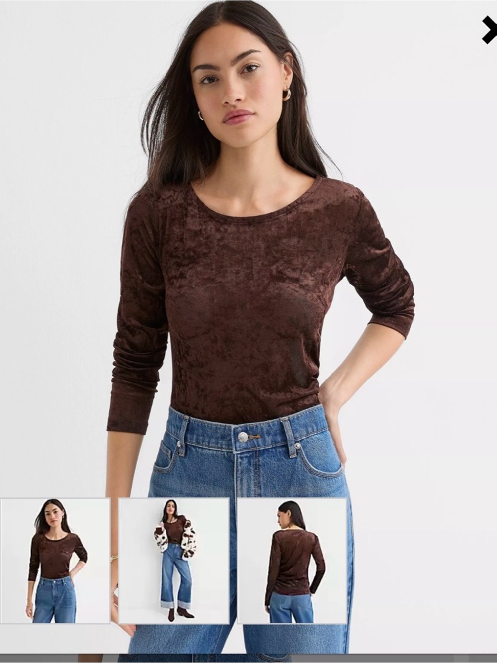 LOFT Brown Velvet Long-Sleeve Scoop Neck Top